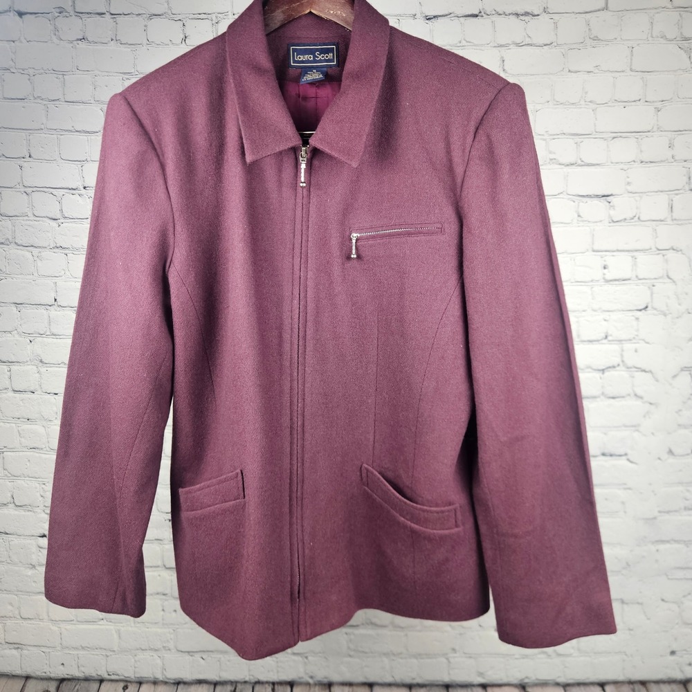 Laura Scott Womens 14 Burgundy 100% Wool Zip Front Jacket Vintage Collared Coat